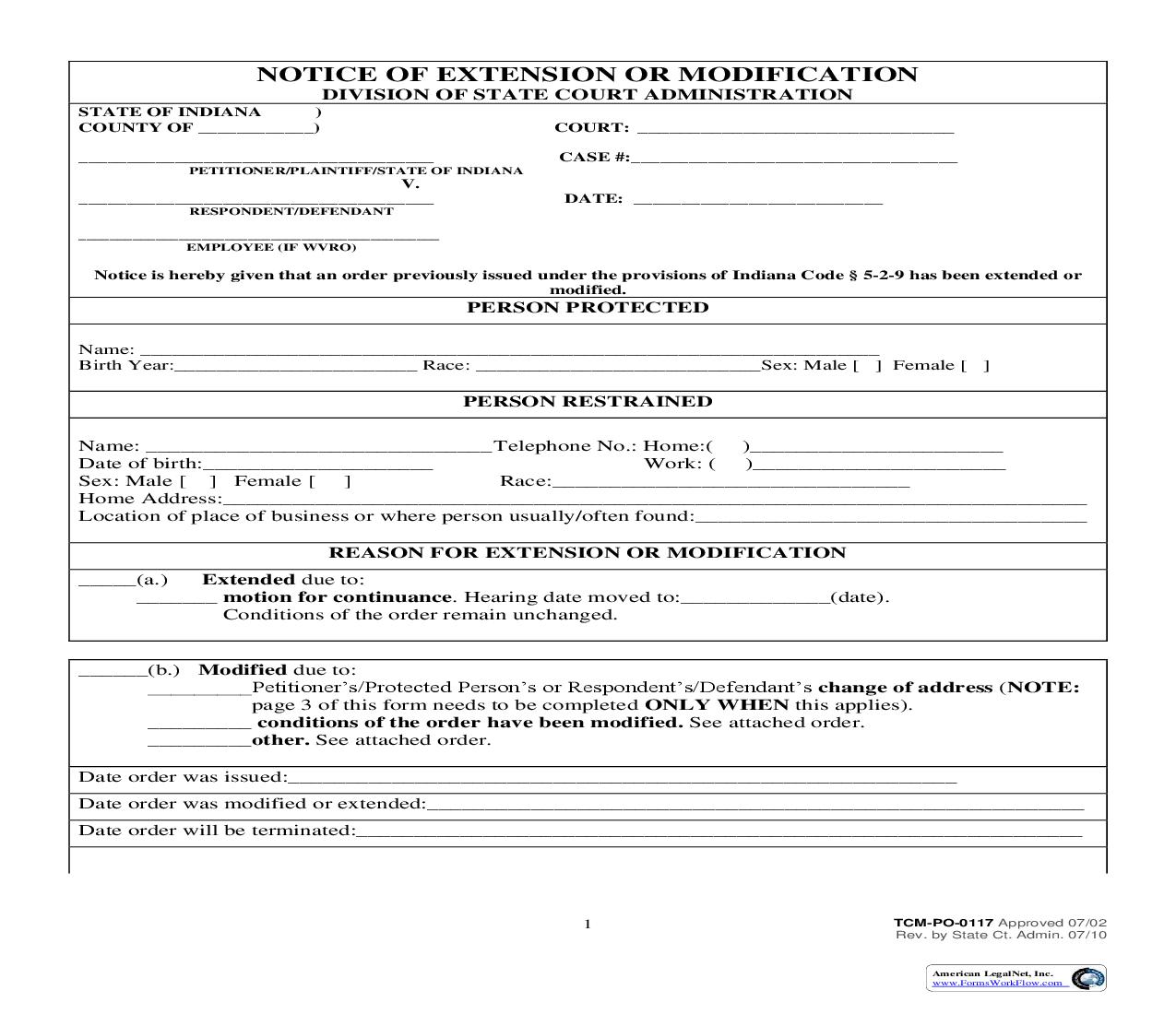 Notice Of Extension Or Modification {PO-0117} | Pdf Fpdf Doc Docx | Indiana