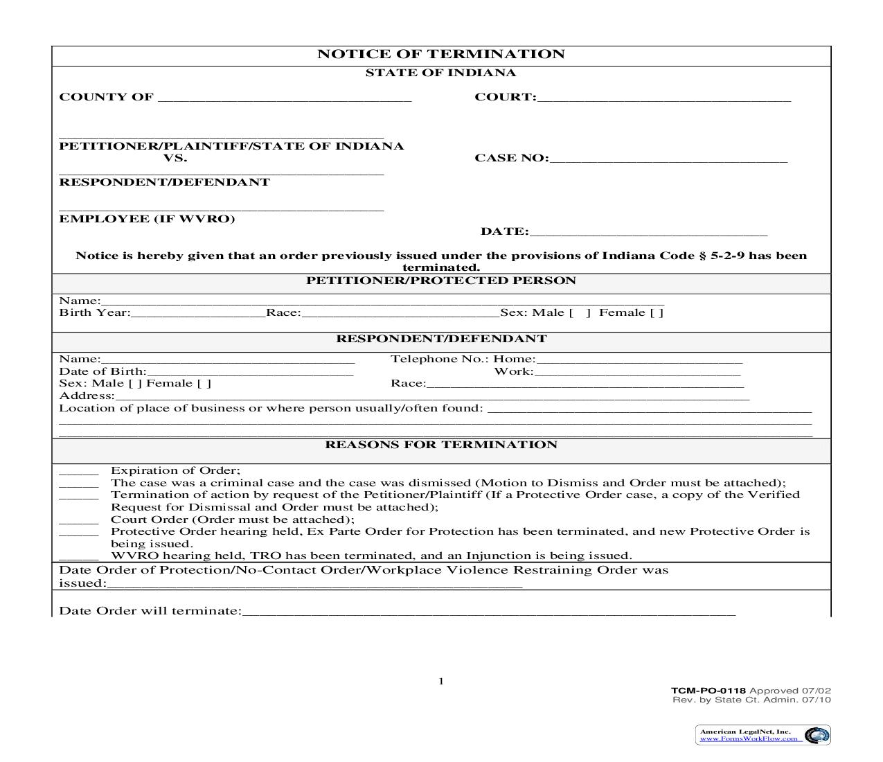 Notice Of Termination {PO-0118} | Pdf Fpdf Doc Docx | Indiana