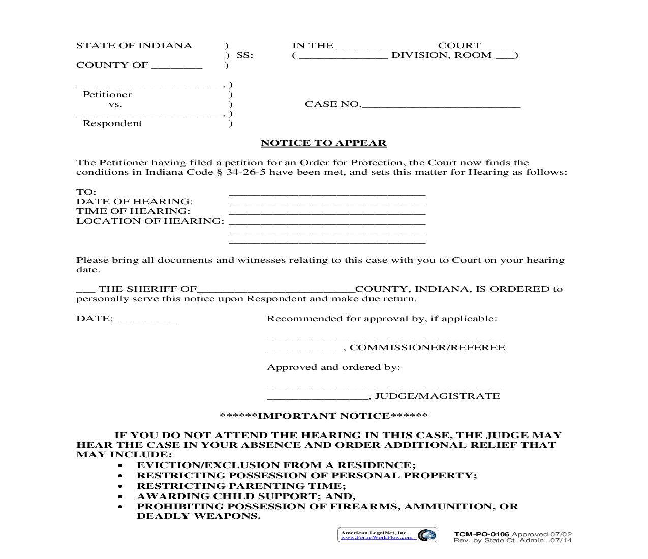 Notice To Appear {PO-0106} | Pdf Fpdf Doc Docx | Indiana