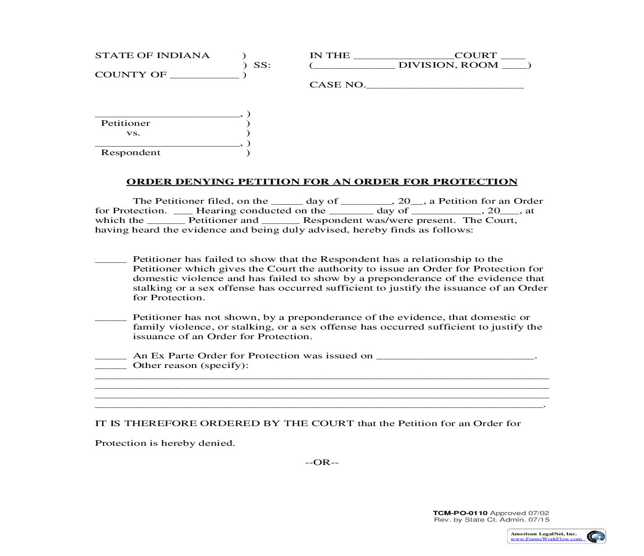 Order Denying Petition For Order For Protection {PO-0110} | Pdf Fpdf Doc Docx | Indiana