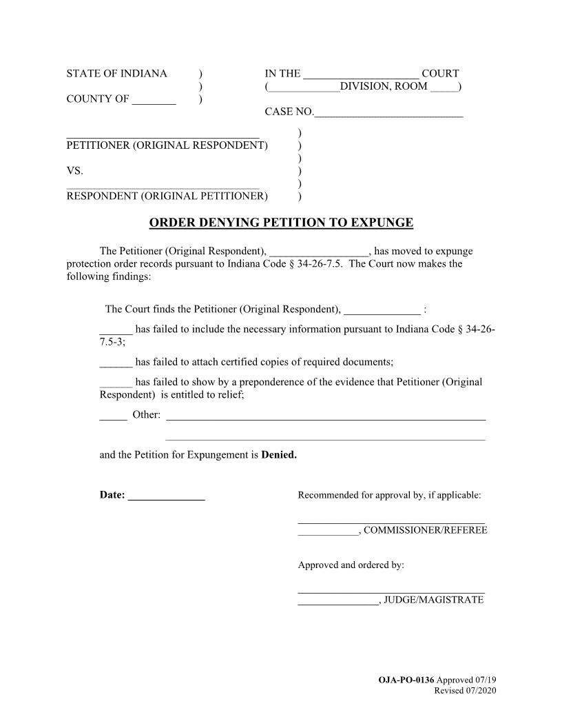 Order Denying Petition To Expunge {PO-0136} | Pdf Fpdf Docx | Indiana