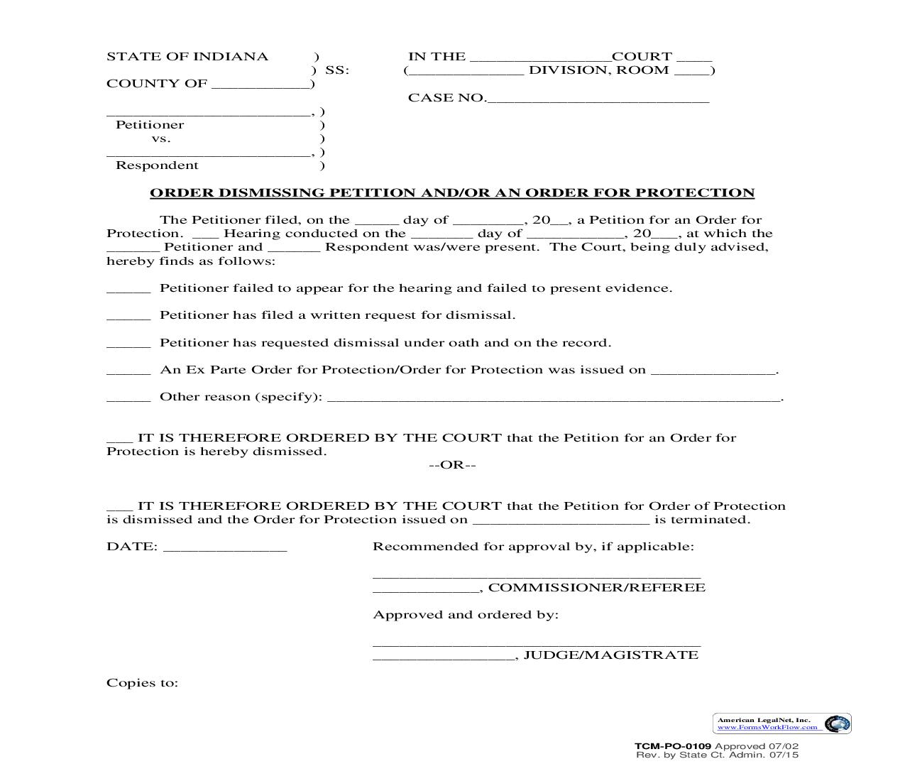 Order Dismissing Petition For Order For Protection {PO-0109} | Pdf Fpdf Doc Docx | Indiana