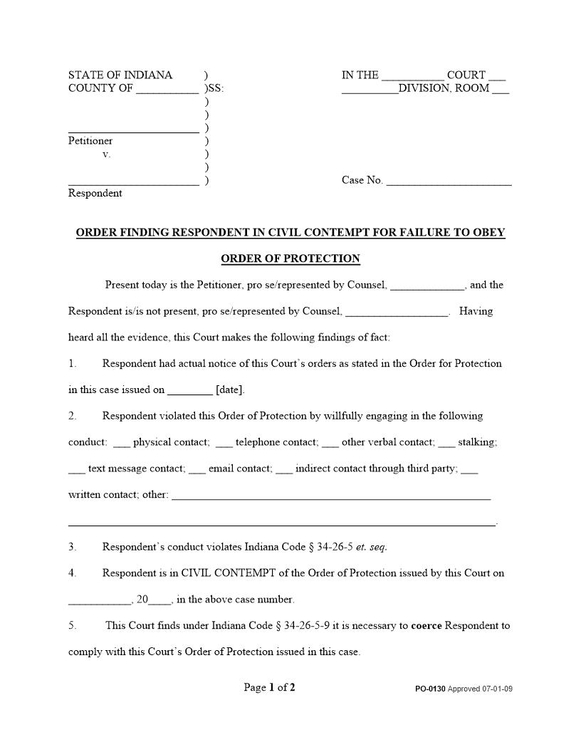 Order Finding Respondent In Civil Contempt For Failure To Obey OOP {PO-0130} | Pdf Fpdf Docx | Indiana