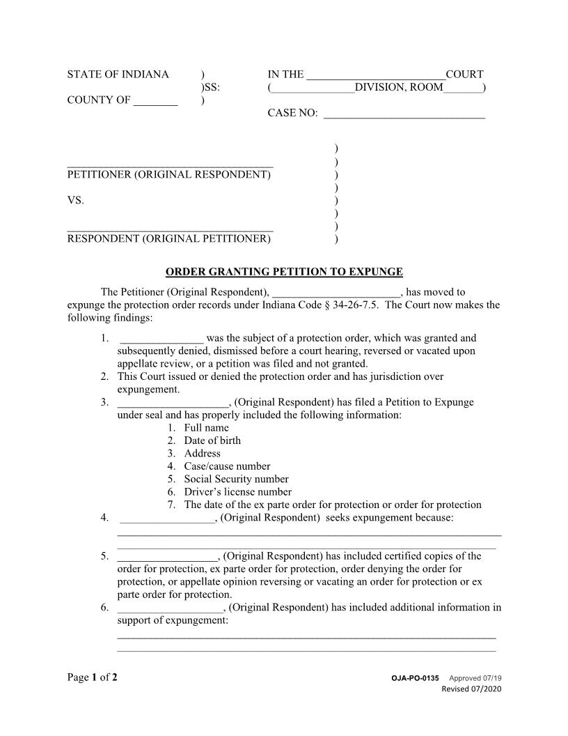 Order Granting Petition To Expunge {PO-0135} | Pdf Fpdf Docx | Indiana