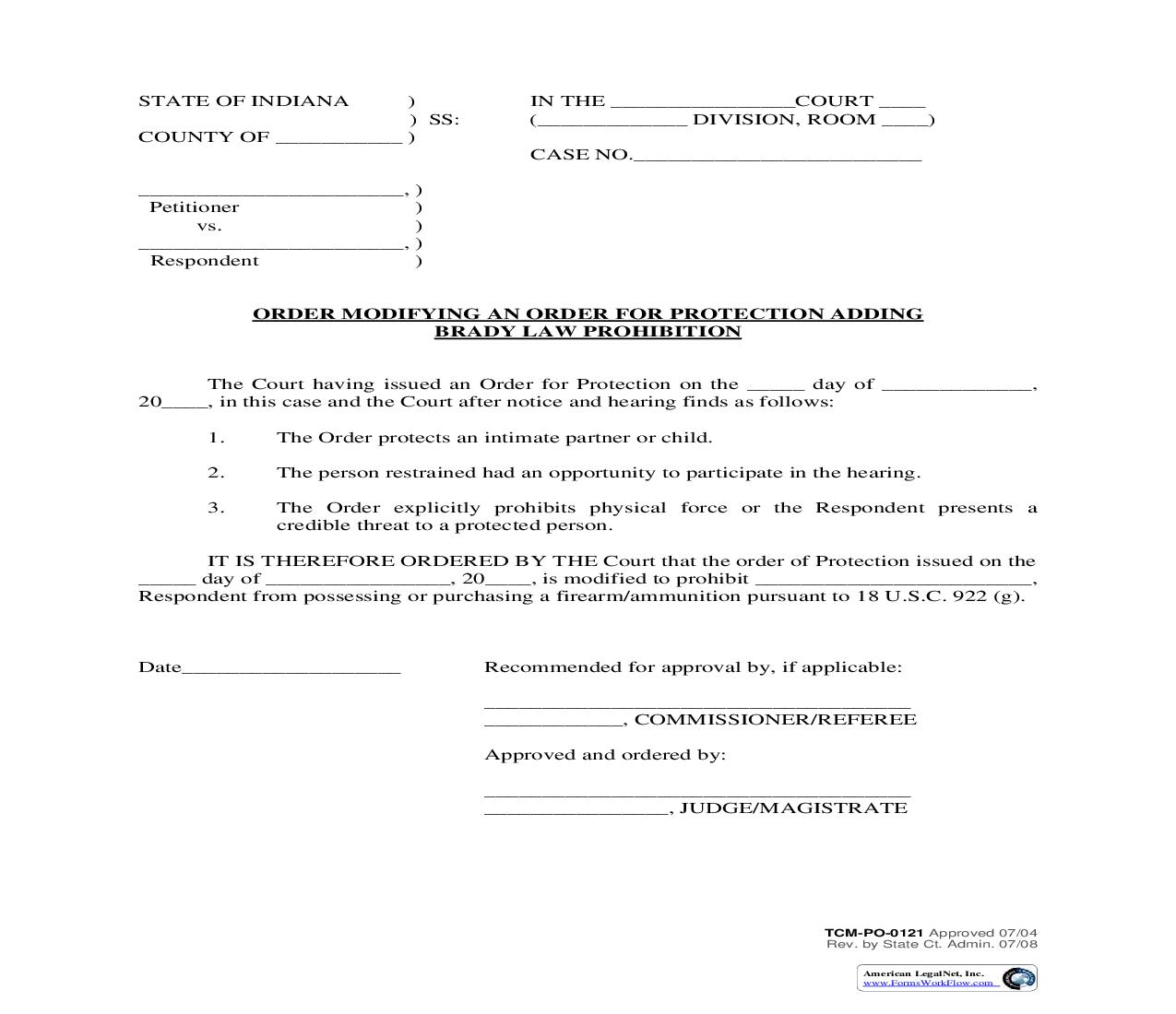 Order Modifying Order For Protection Adding Brady Law Prohibition {PO-0121} | Pdf Fpdf Doc Docx | Indiana