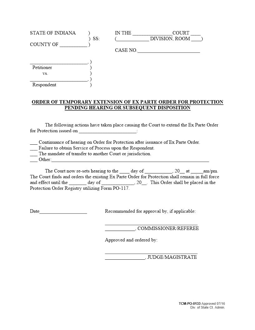 Order Of Extension Ex Parte Order For Protection Pending Hearing-Disposition {PO-0133} | Pdf Fpdf Docx | Indiana