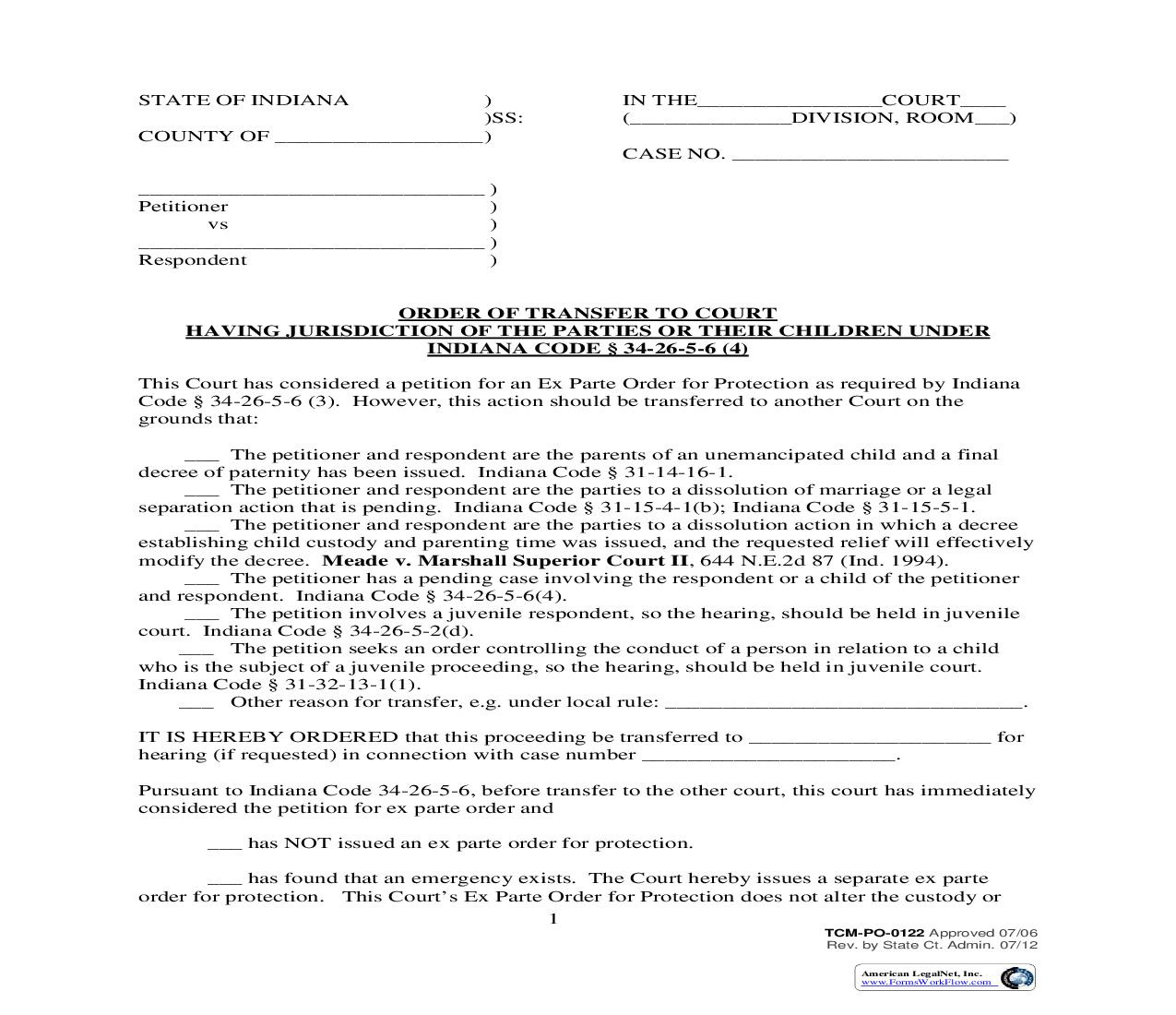 Order Of Transfer To Court {PO-0122} | Pdf Fpdf Doc Docx | Indiana