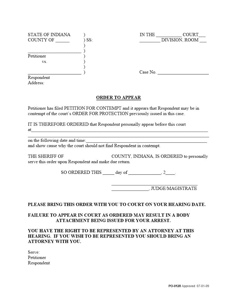 Order To Appear {PO-0128} | Pdf Fpdf Docx | Indiana