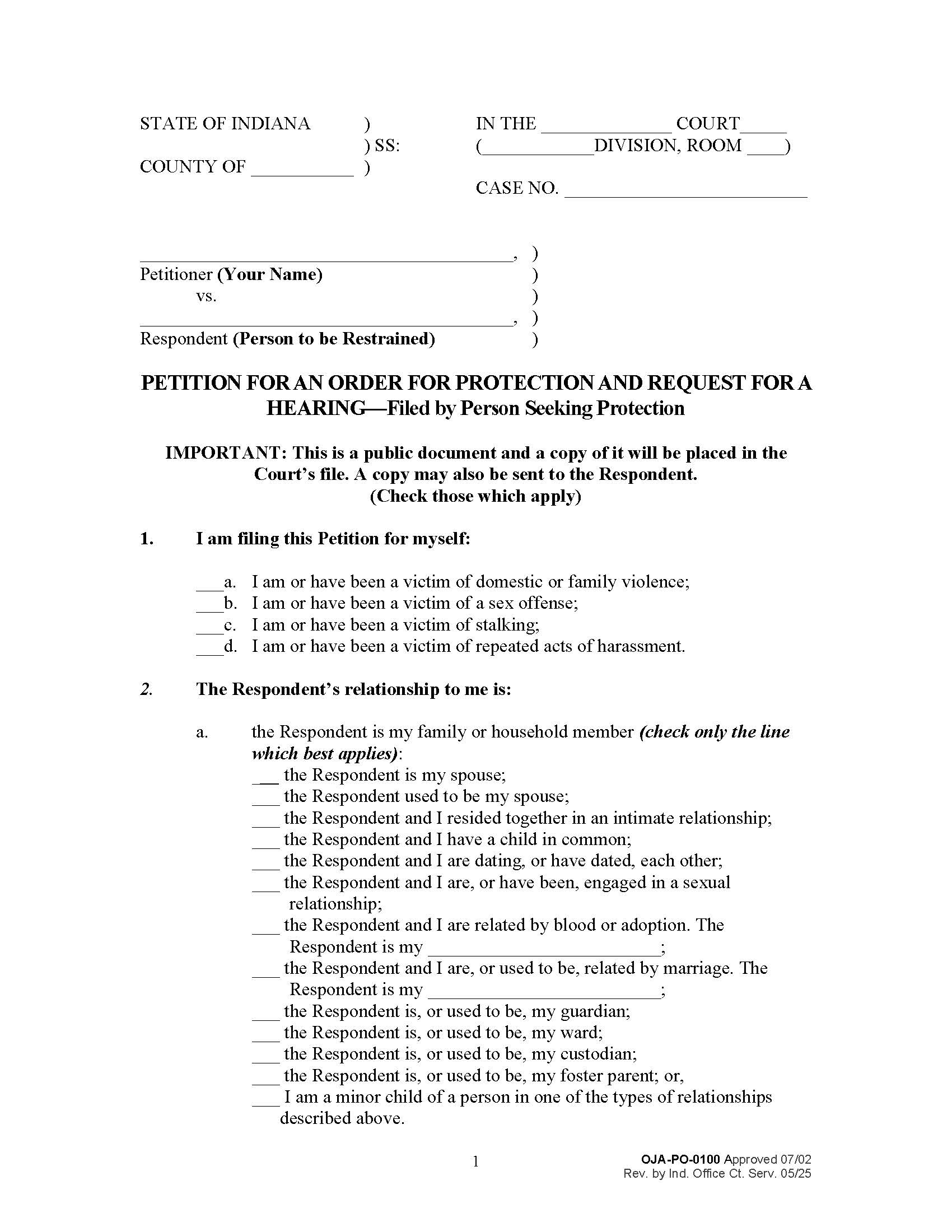 Petition For Order For Protection And Request For Hearing {PO-0100} | Pdf Fpdf Doc Docx | Indiana