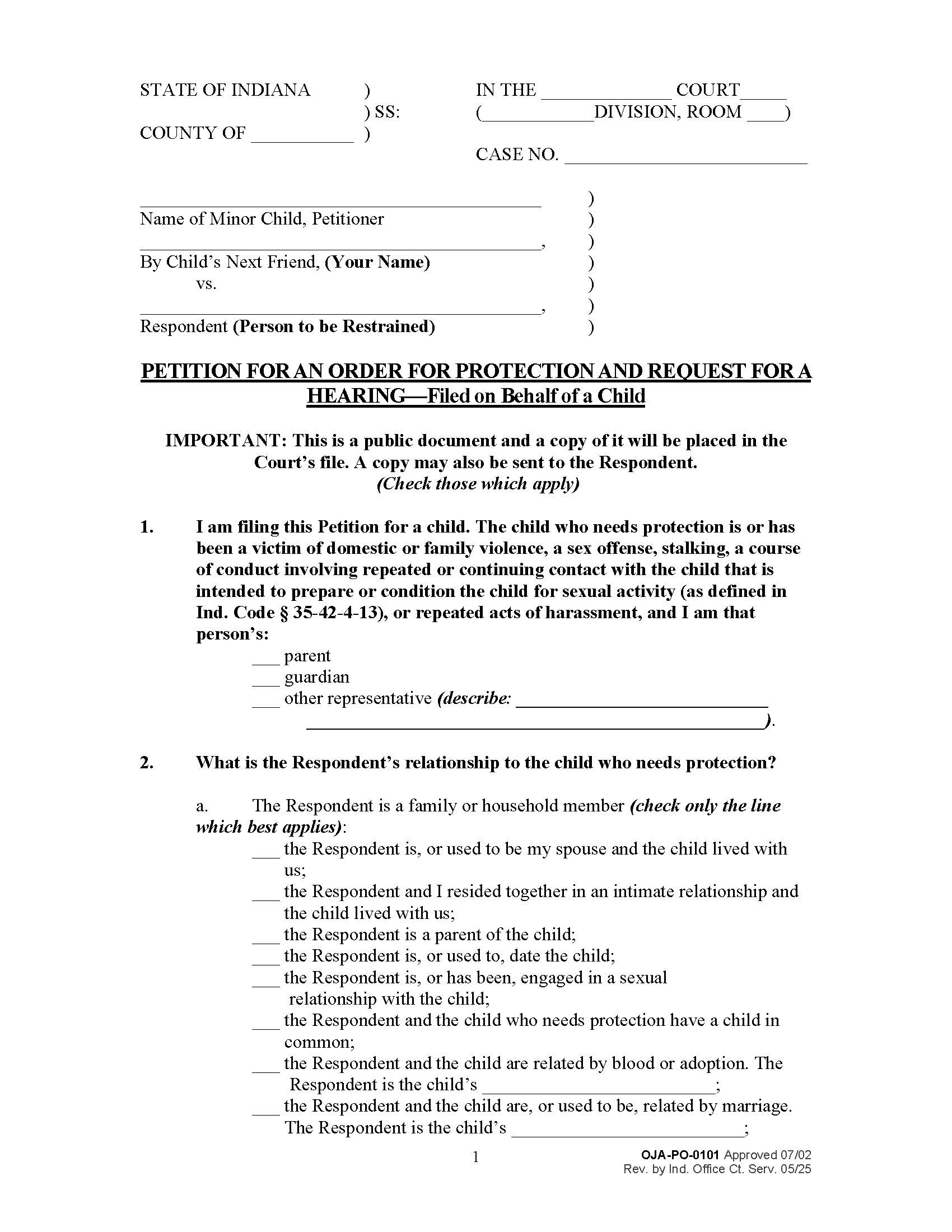 Petition For Order For Protection And Request For Hearing (On Behalf Of Child) {PO-0101} | Pdf Fpdf Doc Docx | Indiana