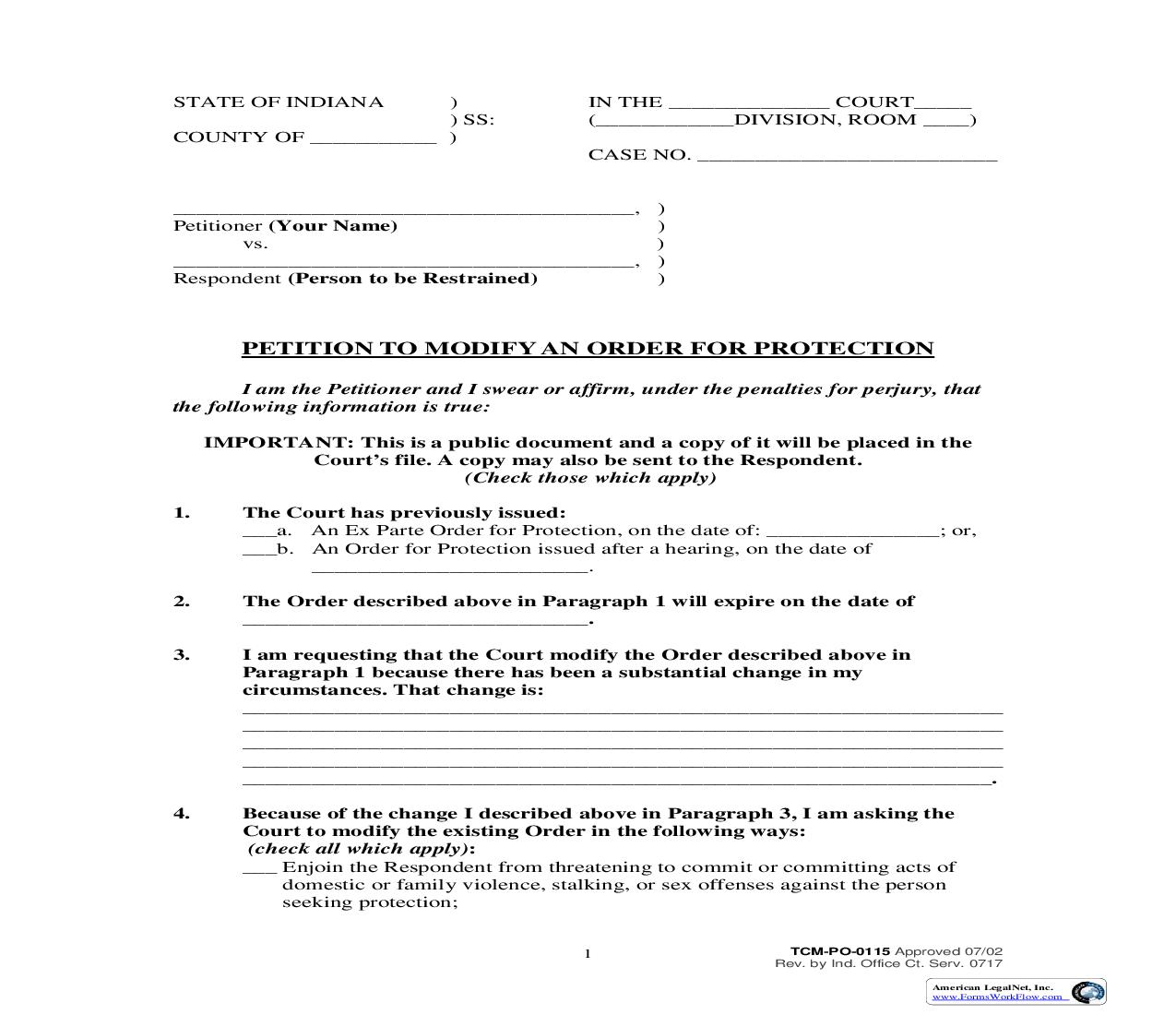 Petition To Modify An Order For Protection {PO-0115} | Pdf Fpdf Doc Docx | Indiana