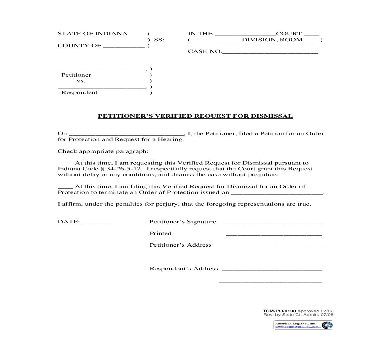 Petitioners Verified Request For Dismissal {PO-0108} | Pdf Fpdf Doc Docx | Indiana
