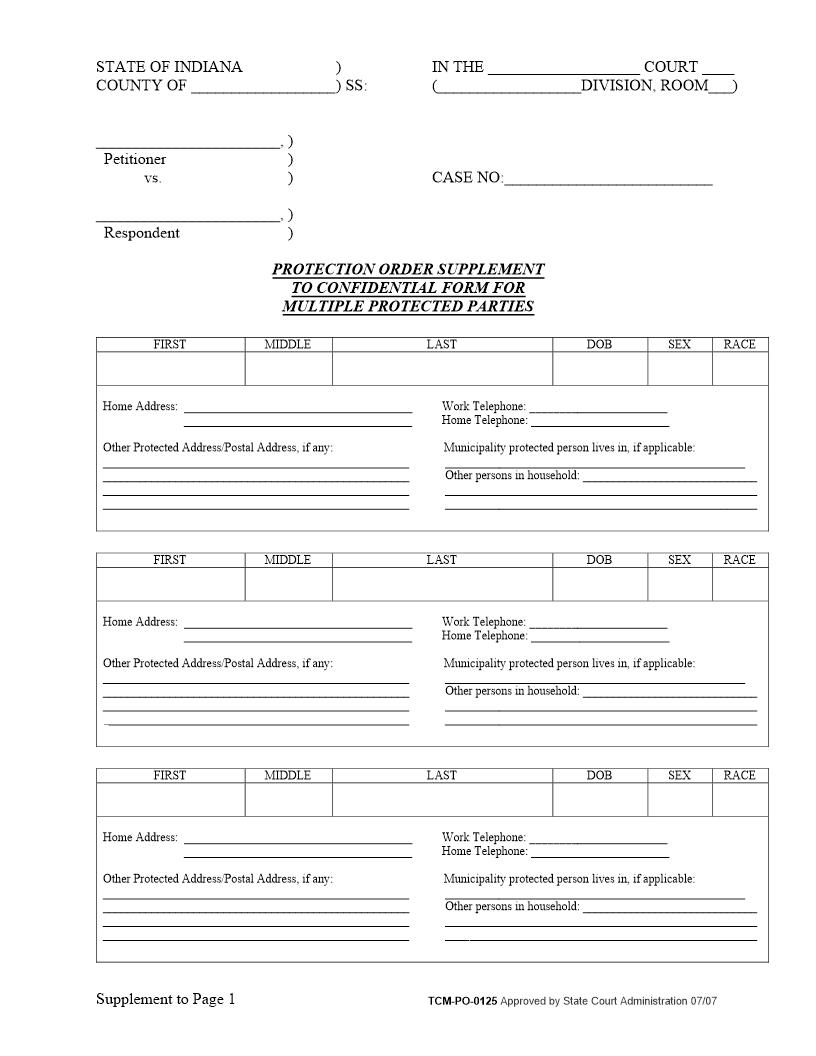 Protection Order Supplement To Confidential Form For Multiple Protected Parties {PO-0125} | Pdf Fpdf Docx | Indiana