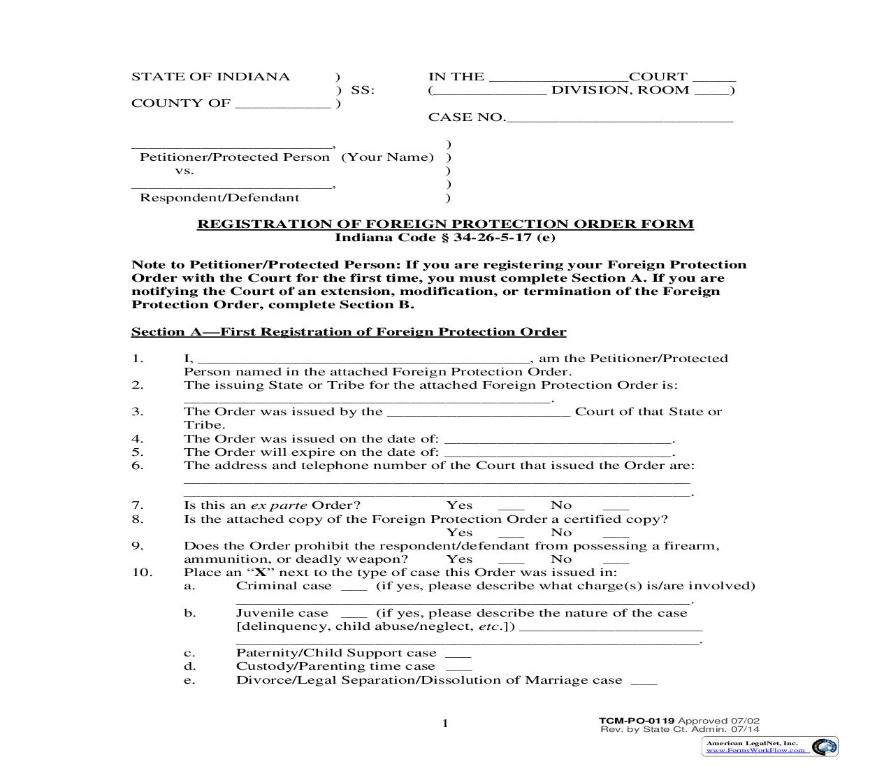 Registration Of Foreign Protection Order Form {PO-0119} | Pdf Fpdf Doc Docx | Indiana