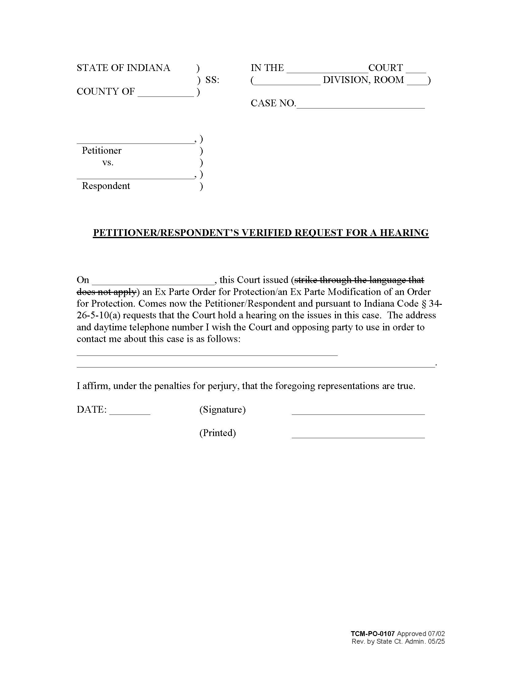Respondents Verified Request For Hearing {PO-0107} | Pdf Fpdf Doc Docx | Indiana