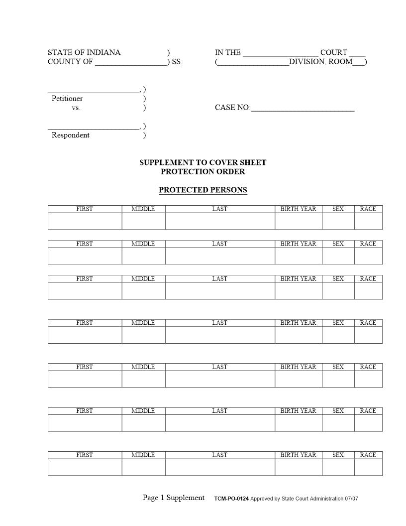 Supplement To Cover Sheet Protective Order {PO-0124} | Pdf Fpdf Docx | Indiana
