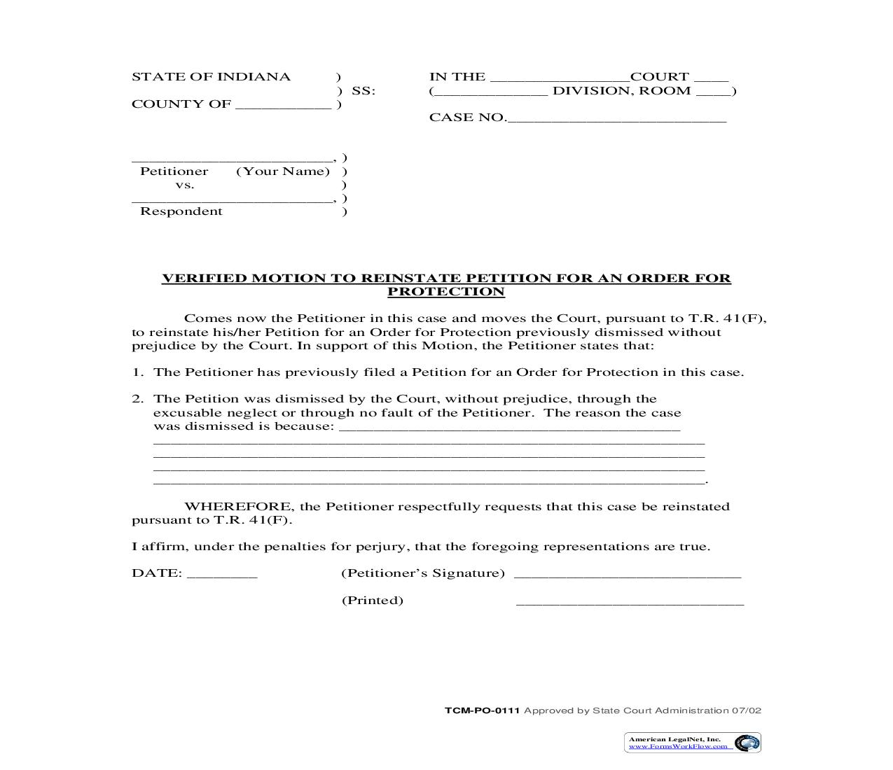 Verified Motion To Reinstate Petition For Order For Protection {PO-0111} | Pdf Fpdf Doc Docx | Indiana