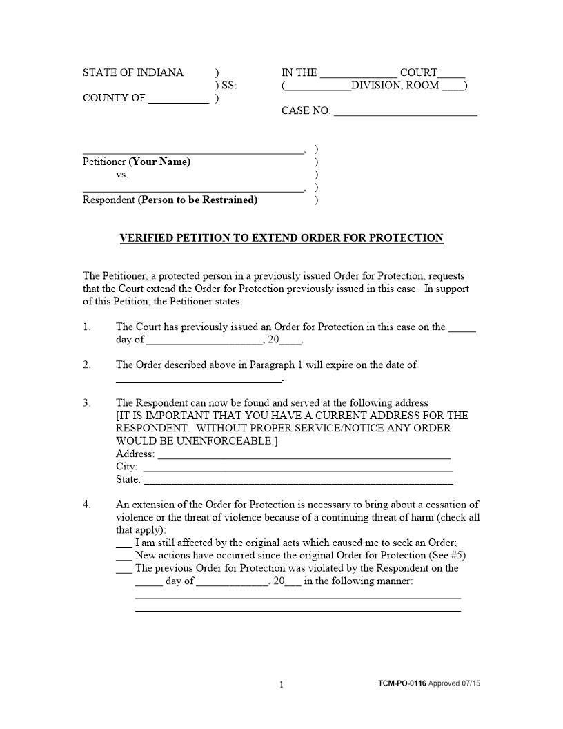 Verified Petition To Extend Order For Protection {PO-0116} | Pdf Fpdf Docx | Indiana