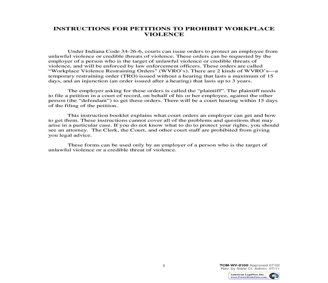 Instructions For Petitions To Prohibit Workplace Violence {WV-0100} | Pdf Fpdf Doc Docx | Indiana
