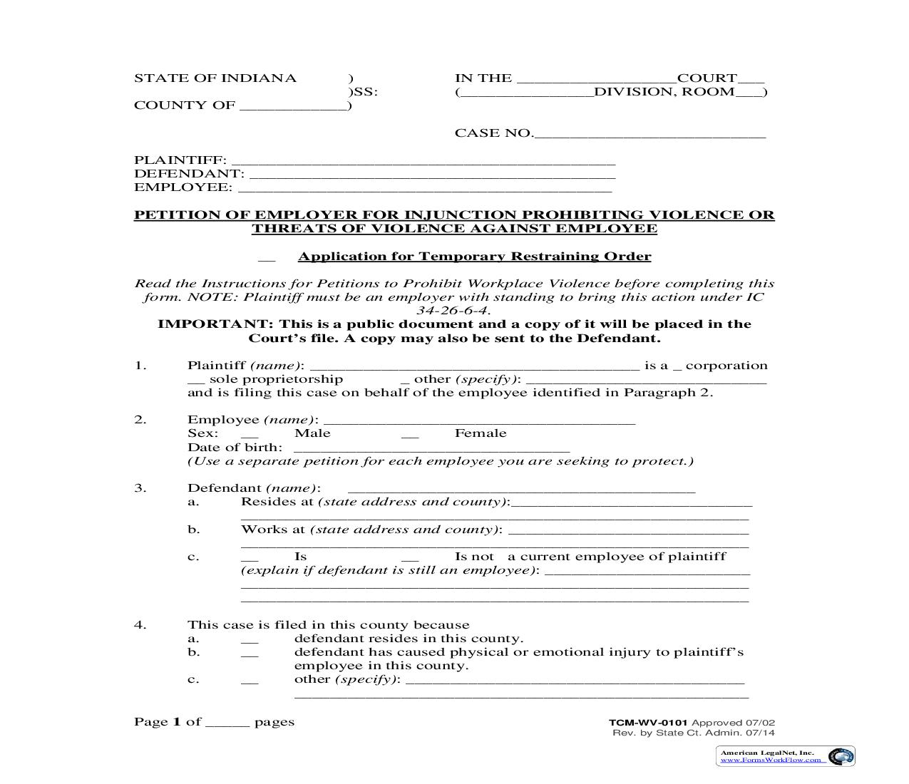 Petition Of Employer For Injunction Prohibiting Violence Or Threats Of Violence Against Employee {WV-0101} | Pdf Fpdf Doc Docx | Indiana