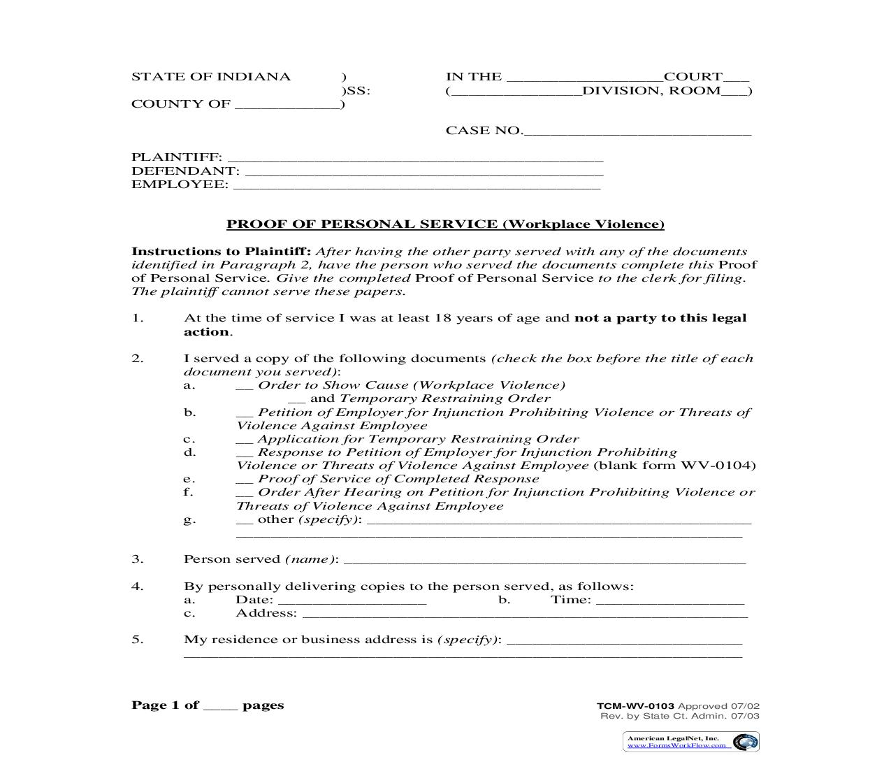 Proof Of Personal Service (Workplace Violence) {WV-0103} | Pdf Fpdf Doc Docx | Indiana