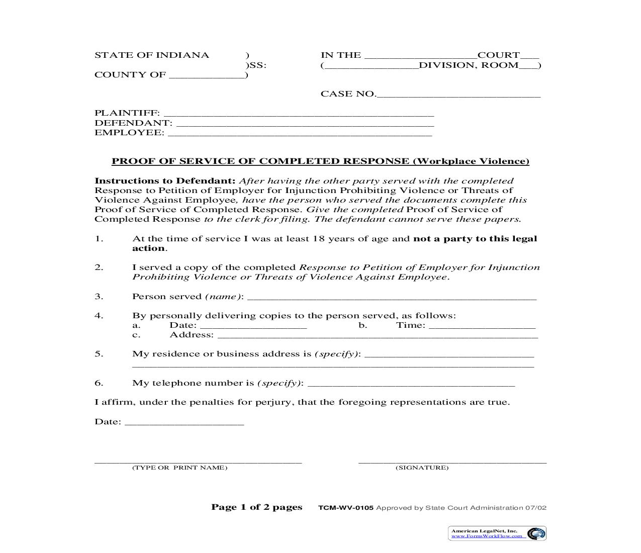 Proof Of Service Of Completed Response (Workplace Violence) {WV-0105} | Pdf Fpdf Doc Docx | Indiana