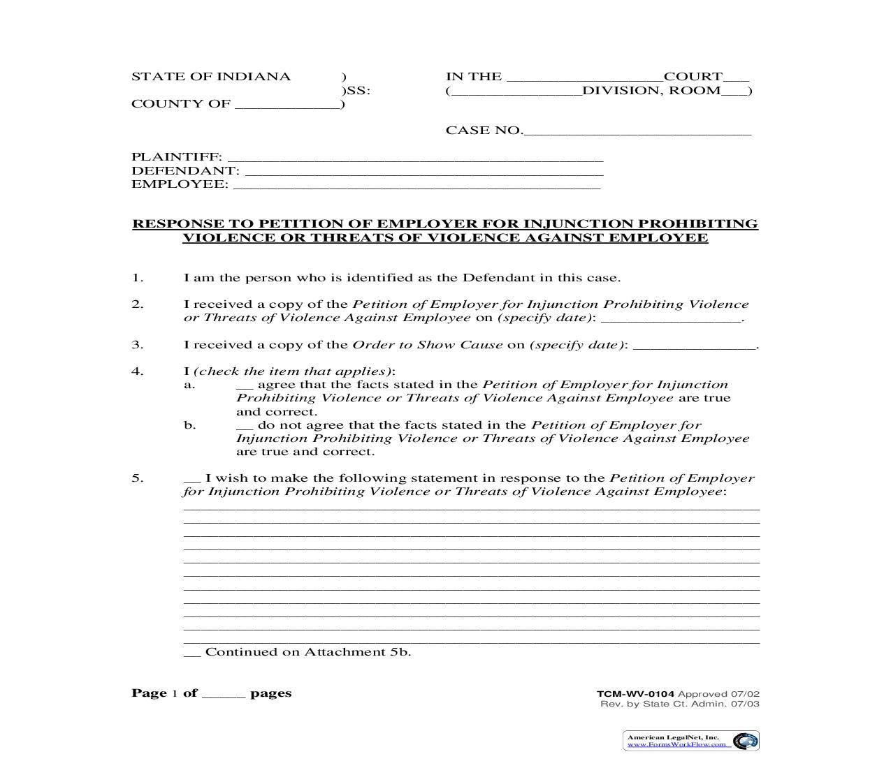 Response To Petition Of Employer For Injunction Prohibiting Violence Or Threats Of Violence Against Employee {WV-0104} | Pdf Fpdf Doc Docx | Indiana