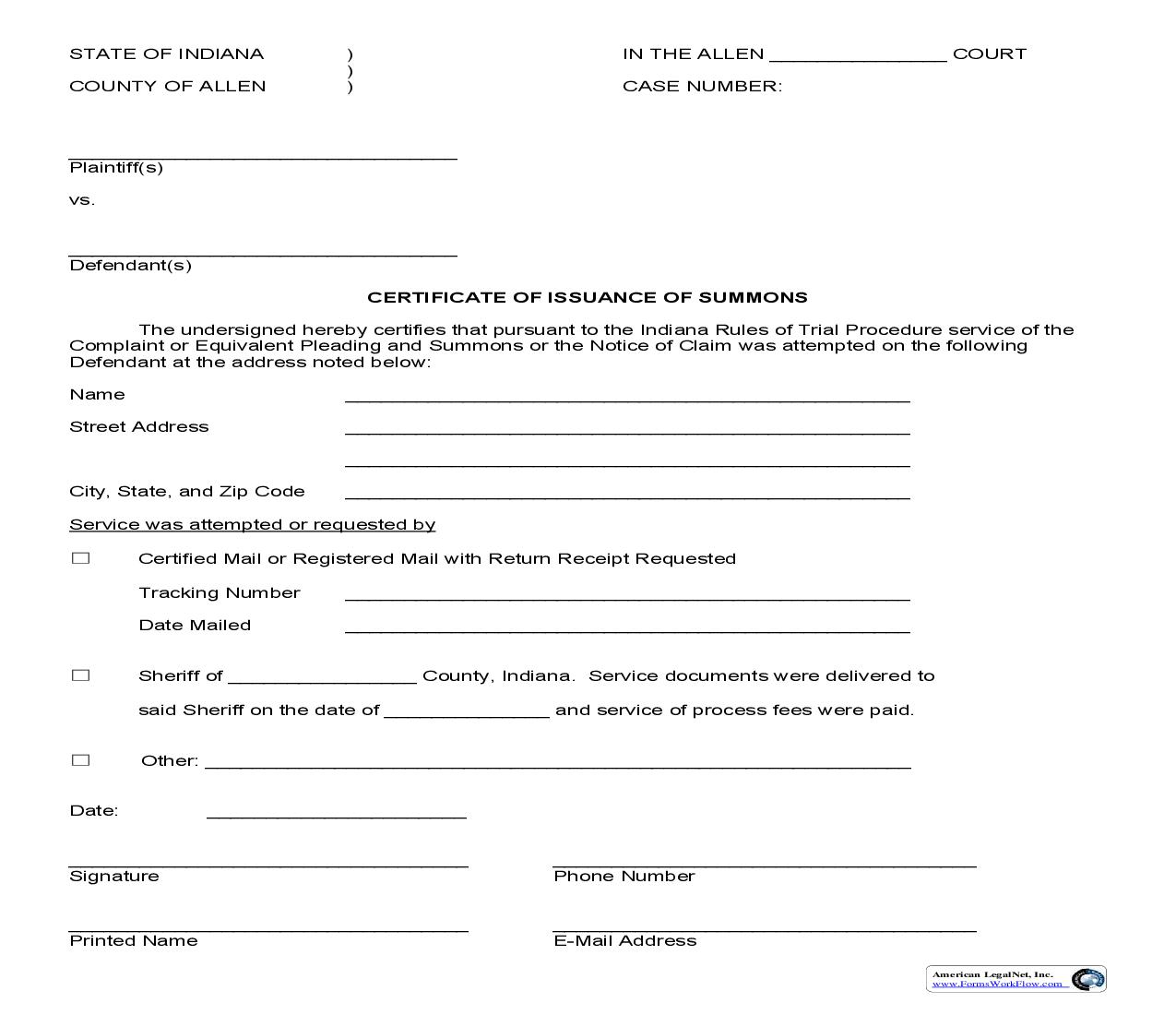 Certificate Of Issuance Of Summons | Pdf Fpdf Doc Docx | Indiana
