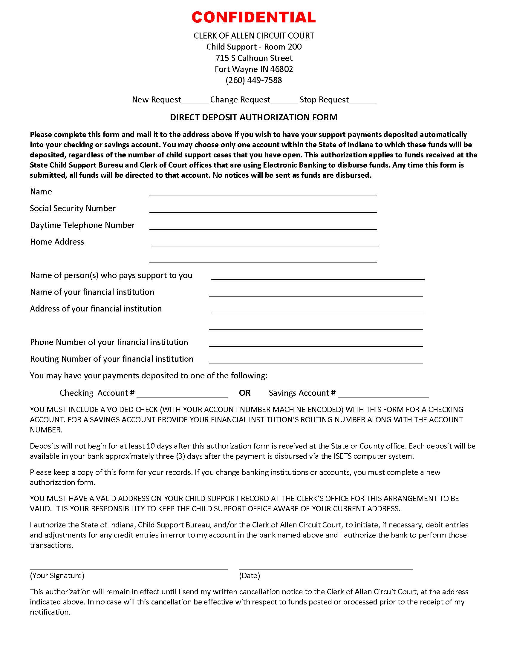 Direct Deposit Authorization Form (For Recipients) | Pdf Fpdf Doc Docx | Indiana