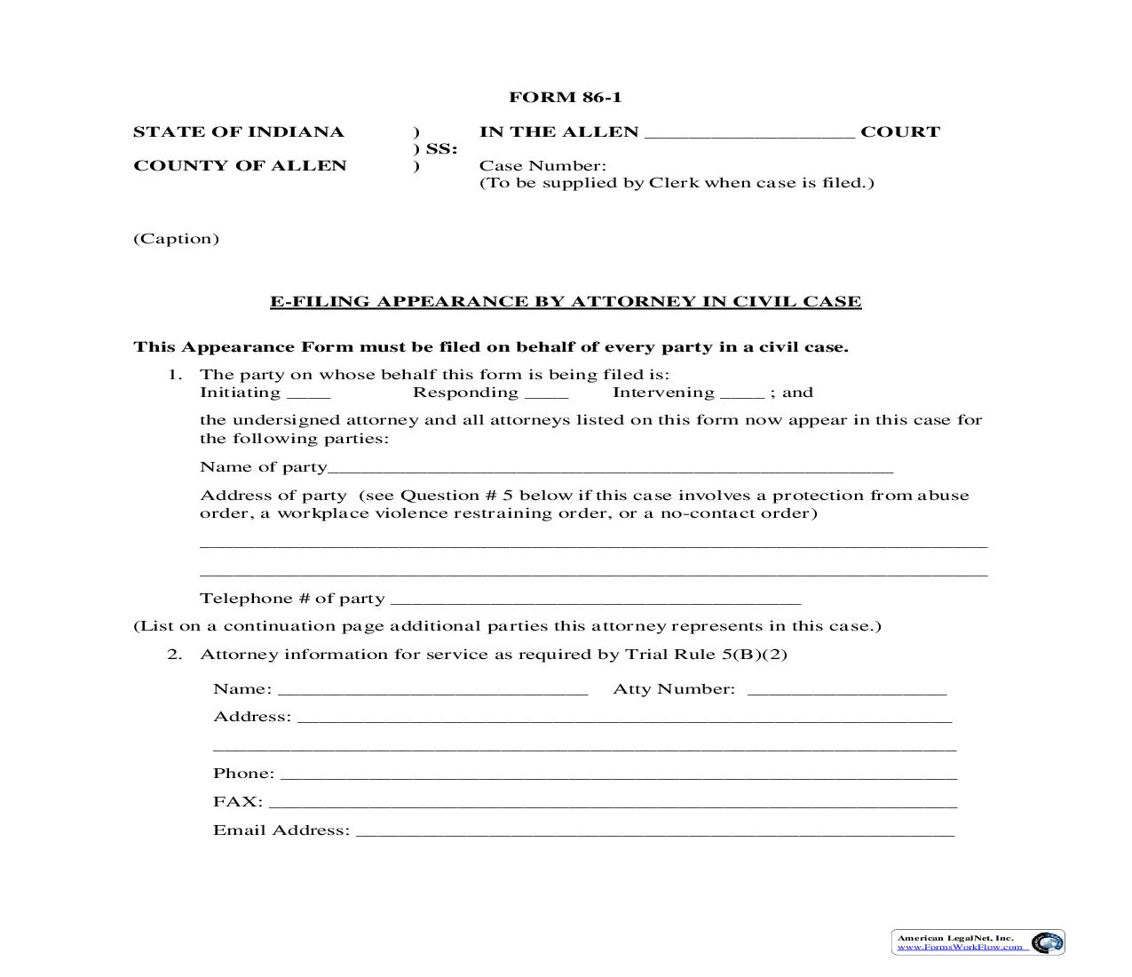 E-Filing Appearance By Attorney In Civil Case {86-1} | Pdf Fpdf Doc Docx | Indiana