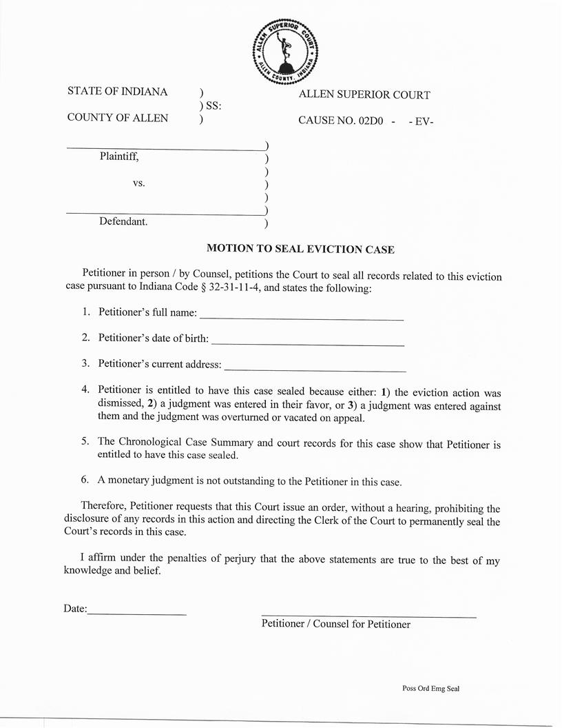 Motion To Seal Eviction Case | Pdf Fpdf Docx | Indiana