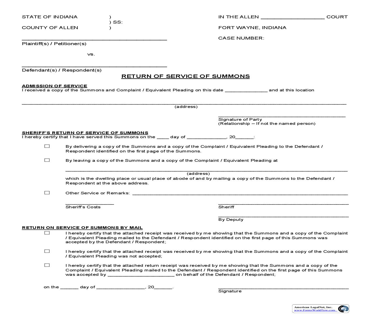 Return Of Service Of Summons | Pdf Fpdf Doc Docx | Indiana