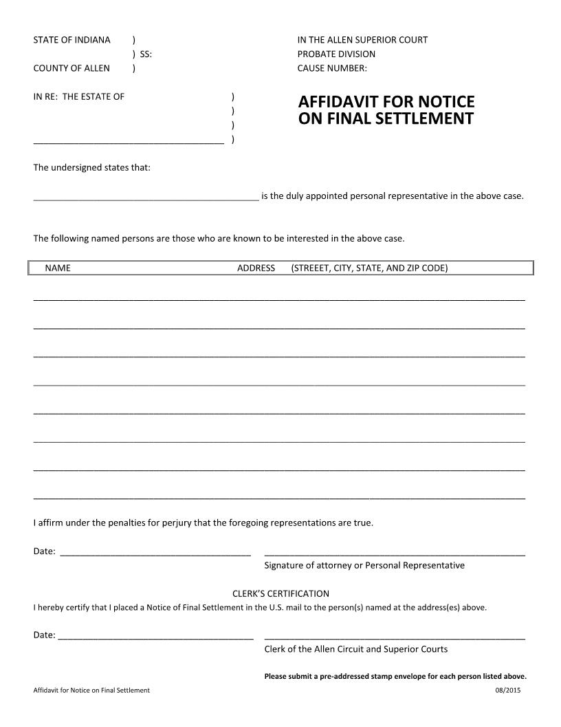 Affidavit For Notice On Final Settlement | Pdf Fpdf Docx | Indiana