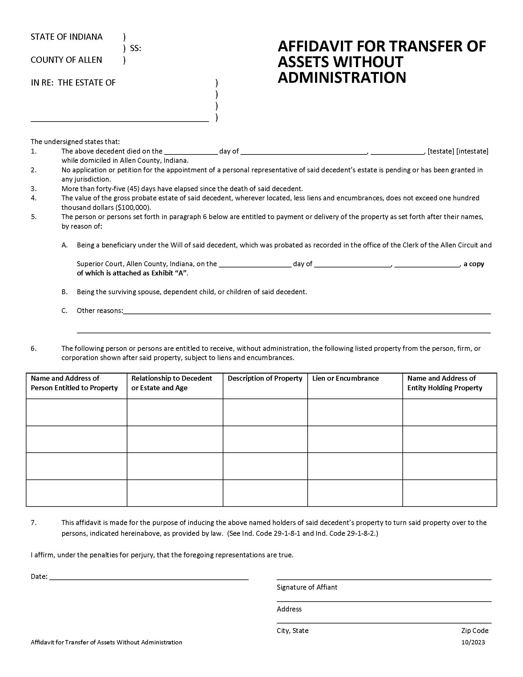 Affidavit For Transfer Of Assets Without Administration | Pdf Fpdf Docx | Indiana