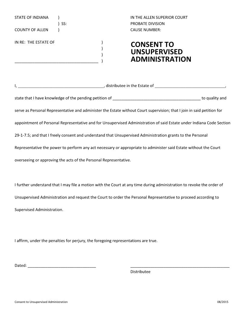 Consent to Unsupervised Administration | Pdf Fpdf Docx | Indiana
