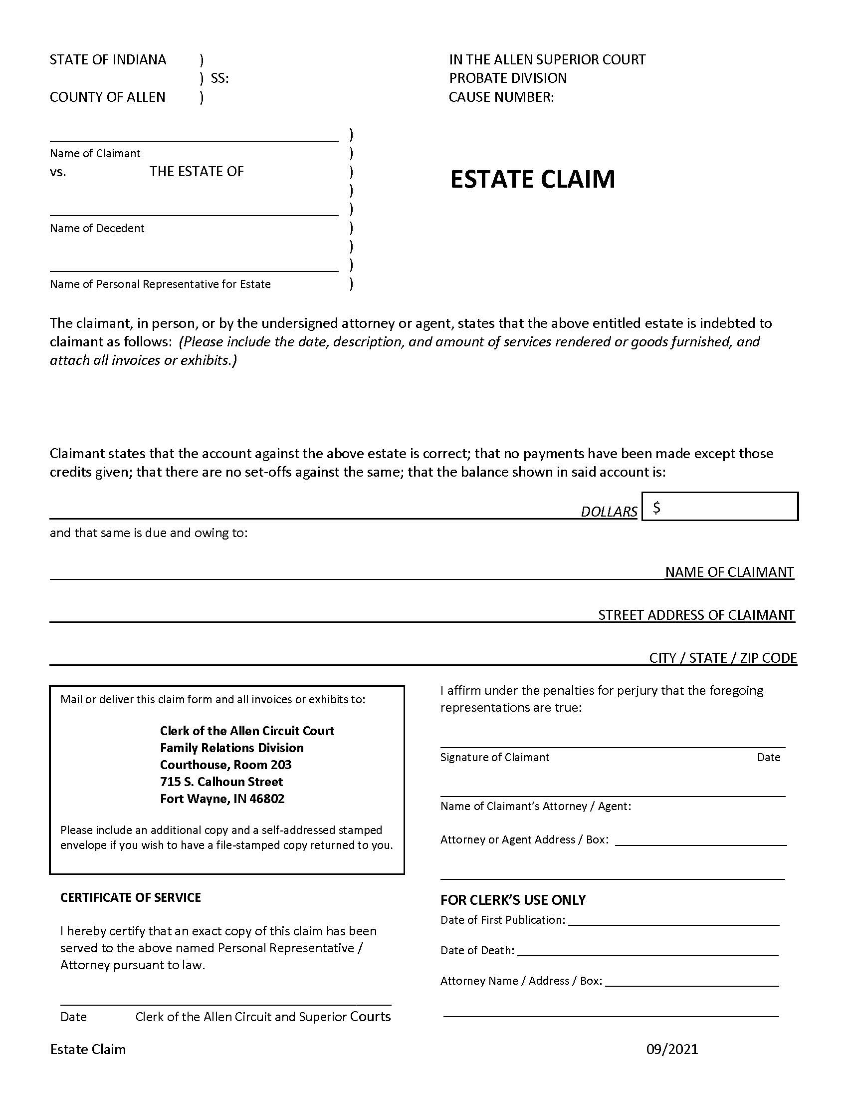Estate Claim | Pdf Fpdf Docx | Indiana