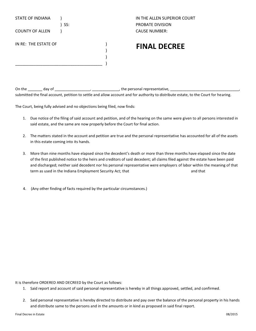 Final Decree (Probate) | Pdf Fpdf Docx | Indiana