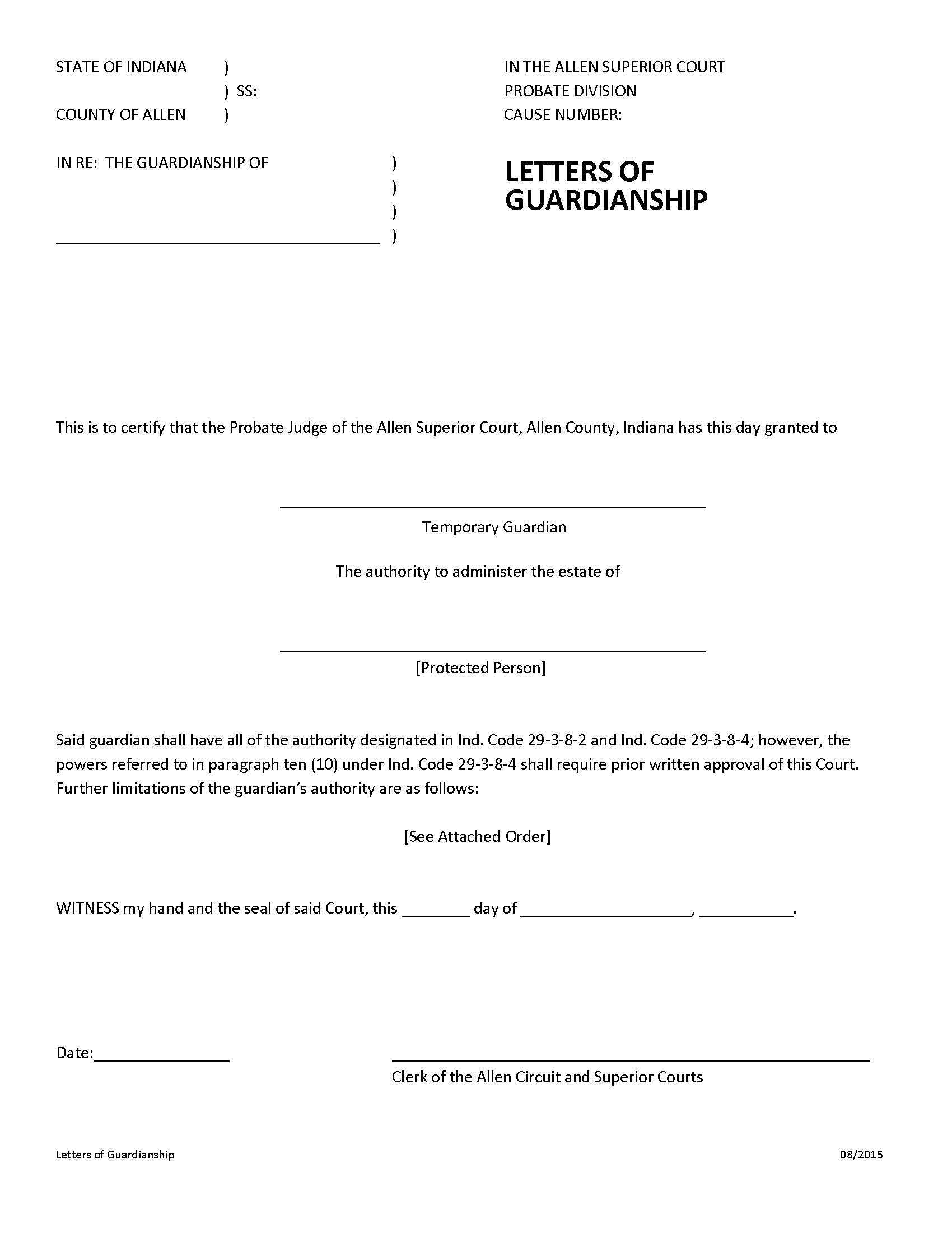 Letters Of Guardianship | Pdf Fpdf Docx | Indiana