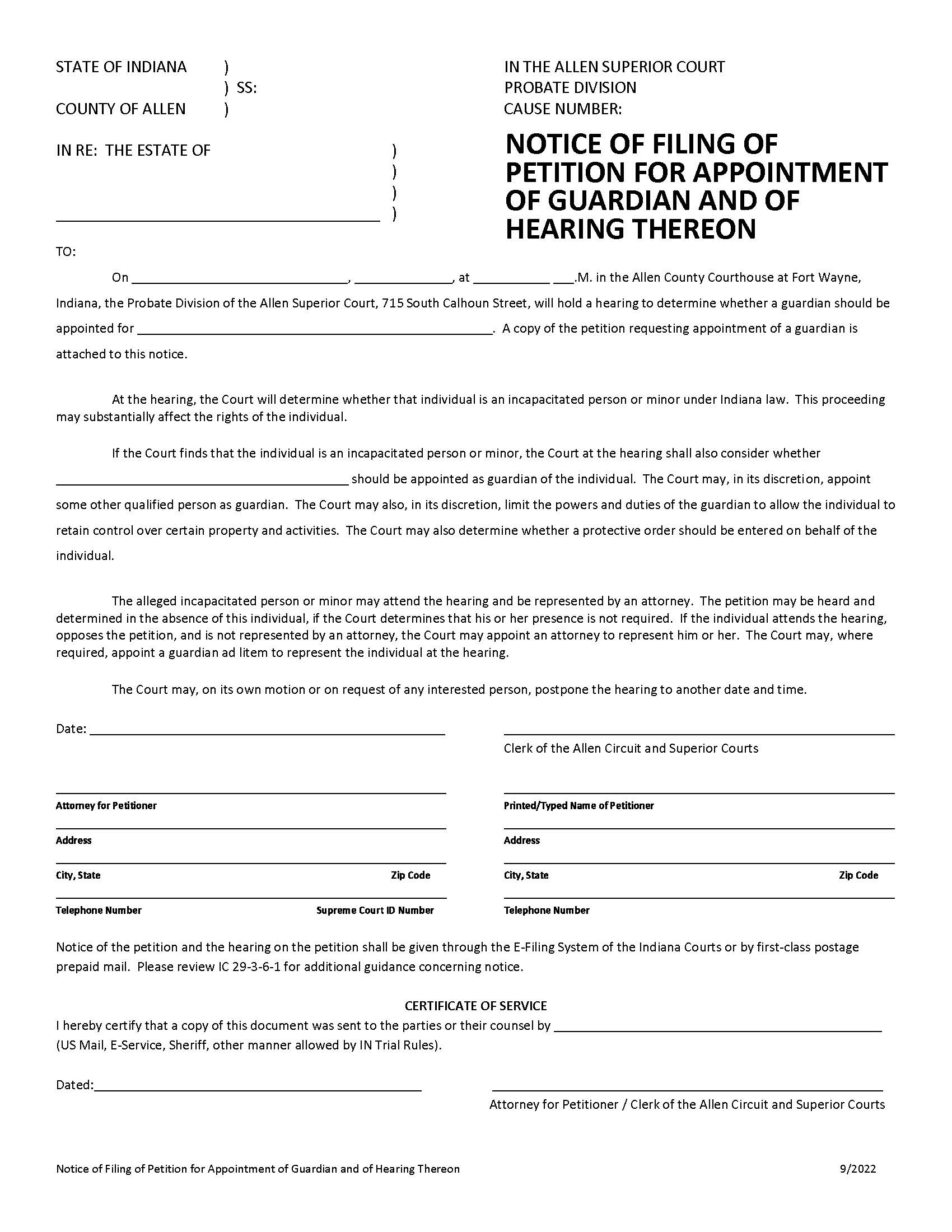 Notice Filing Petition For Appointment Of Guardian And Hearing Thereon | Pdf Fpdf Docx | Indiana