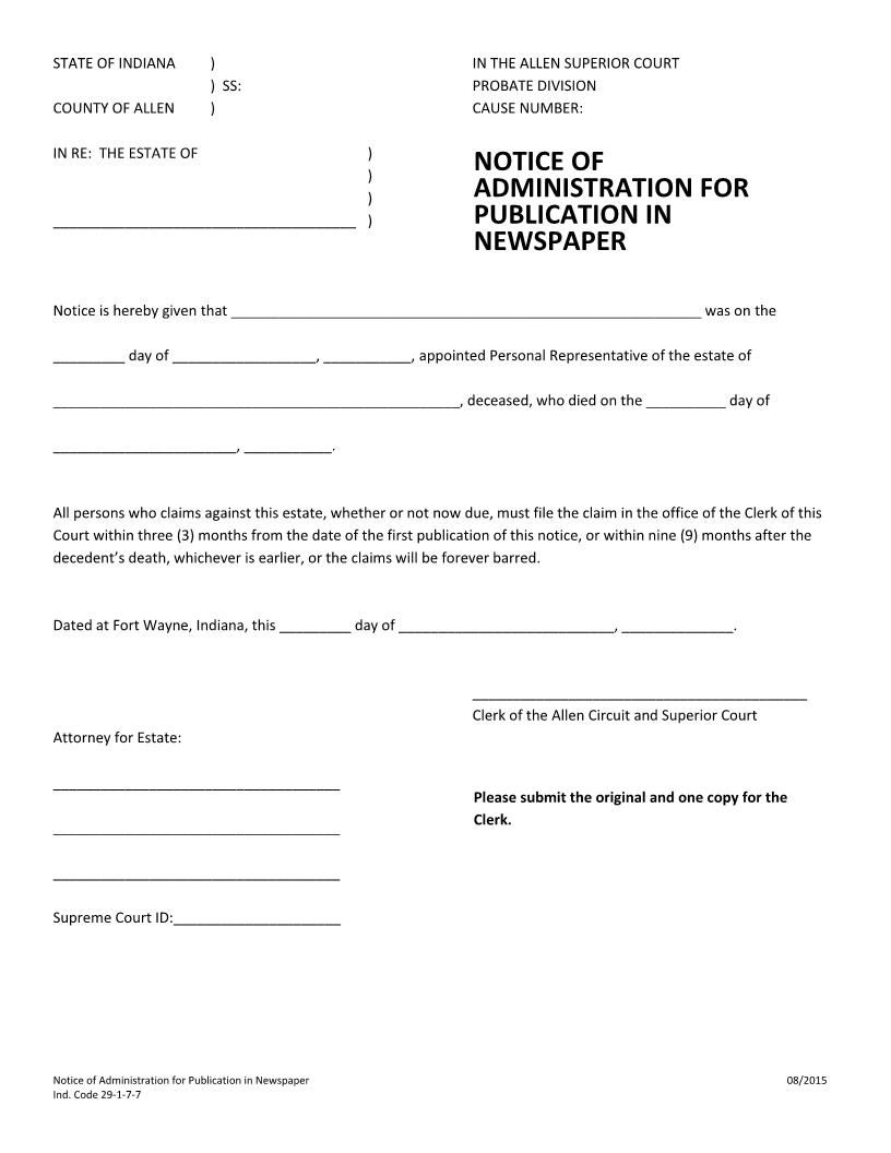 Notice Of Administration For Publication | Pdf Fpdf Docx | Indiana