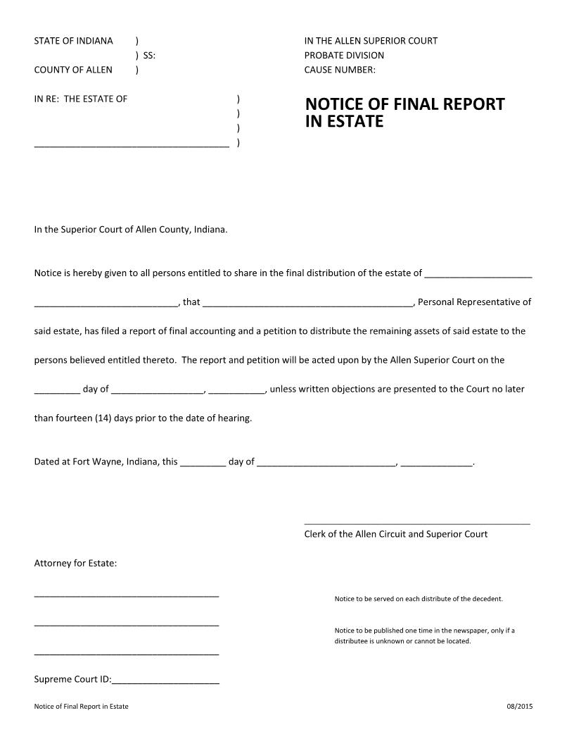 Notice Of Final Report In Estate | Pdf Fpdf Docx | Indiana