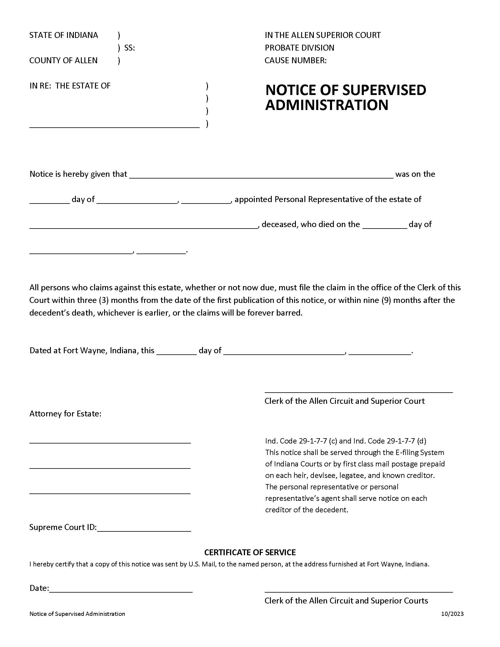 Notice Of Supervised Administration | Pdf Fpdf Docx | Indiana