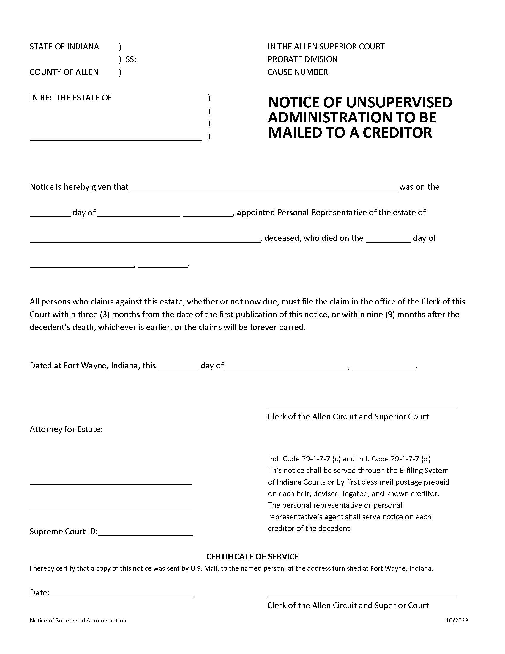 Notice Of Unsupervised Administration To Be Mailed To A Creditor | Pdf Fpdf Docx | Indiana