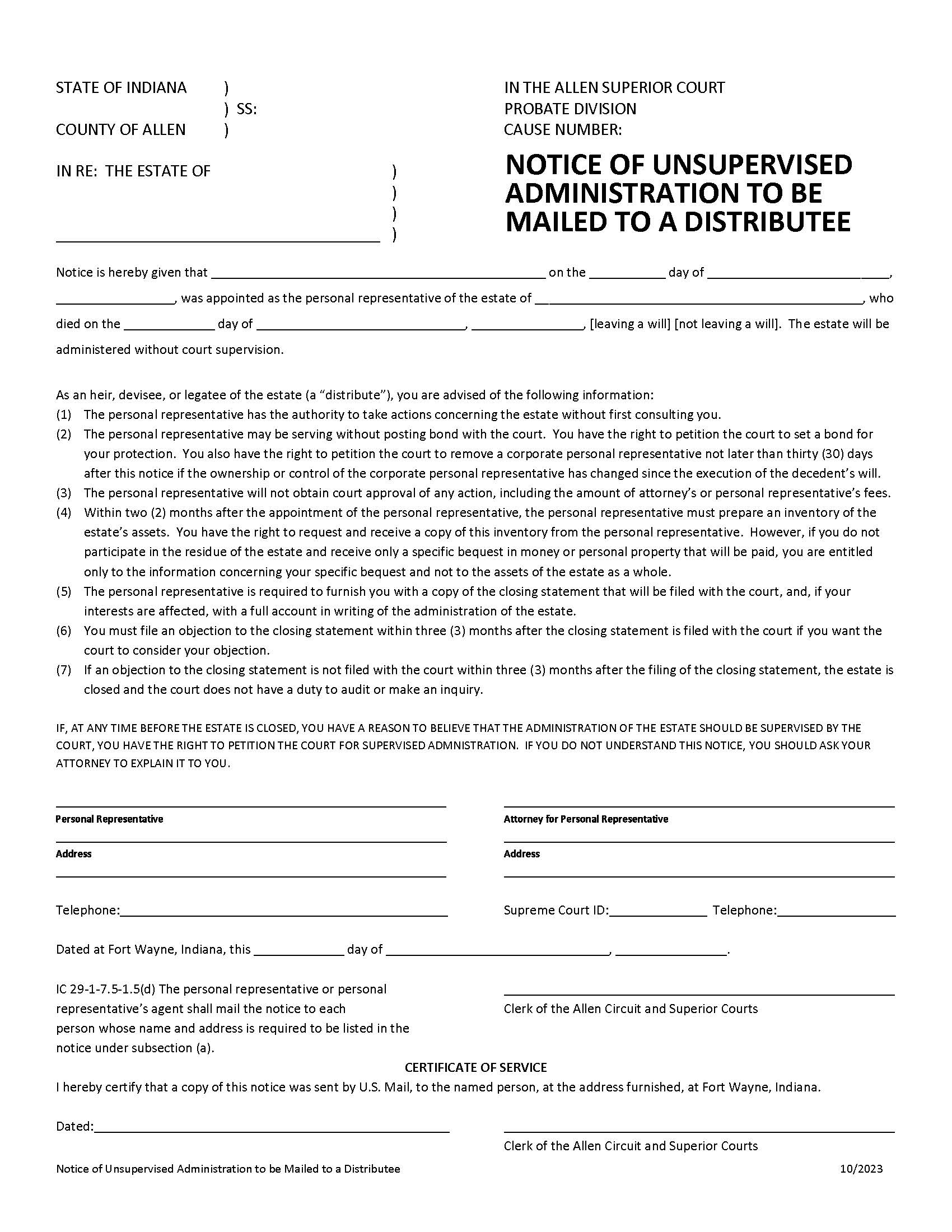 Notice Of Unsupervised Administration To Be Mailed To A Distributee | Pdf Fpdf Docx | Indiana