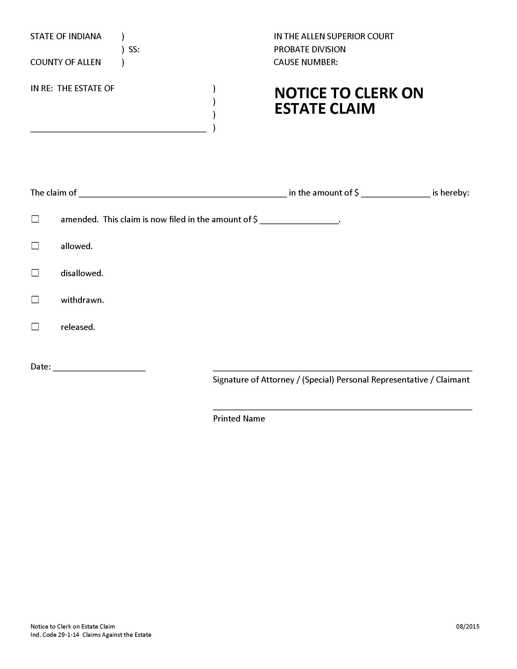 Notice To Clerk On Estate Claim | Pdf Fpdf Docx | Indiana