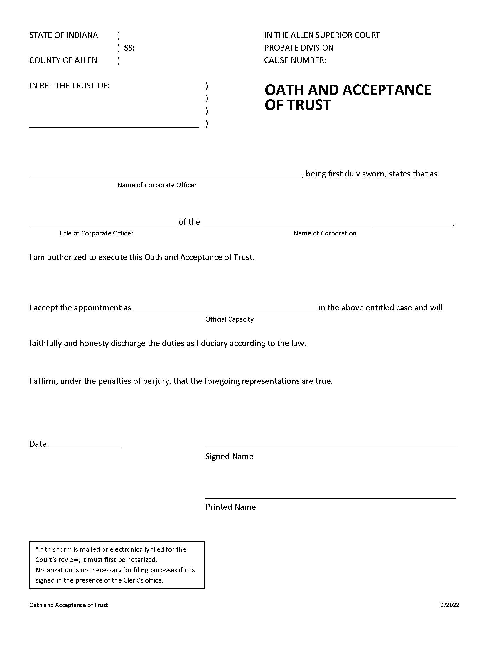 Oath And Acceptance Of Trust | Pdf Fpdf Docx | Indiana