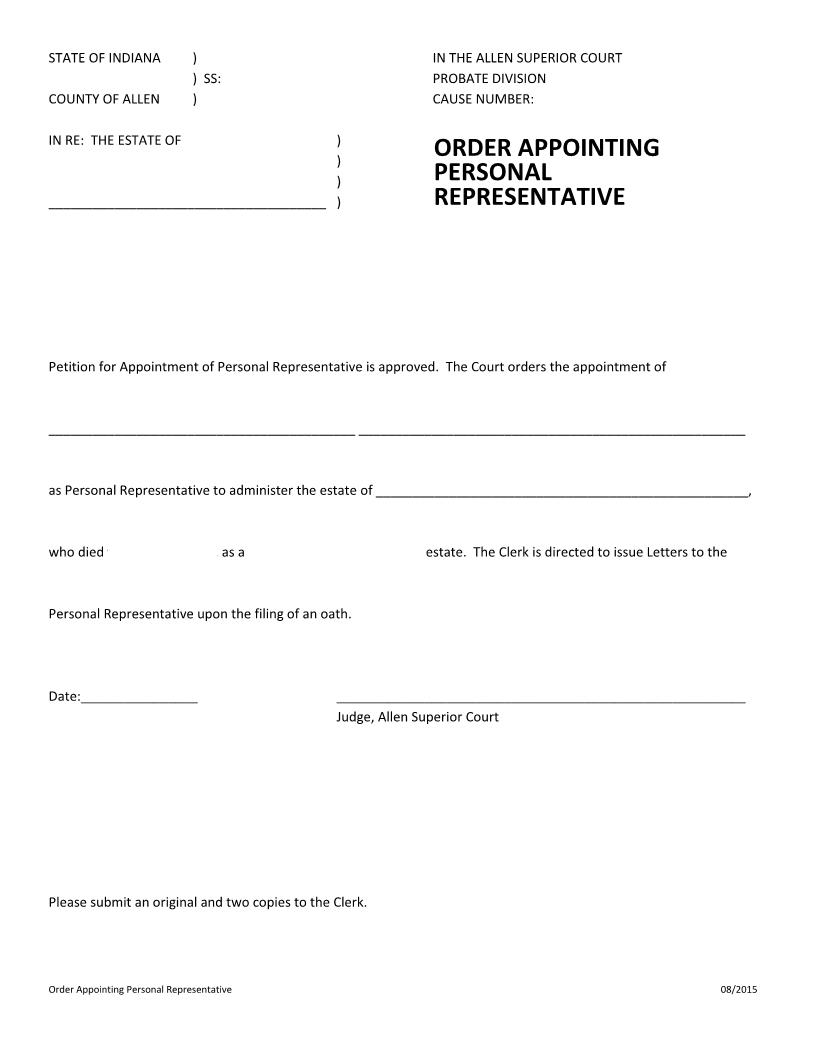 Order Appointing Personal Representative | Pdf Fpdf Docx | Indiana