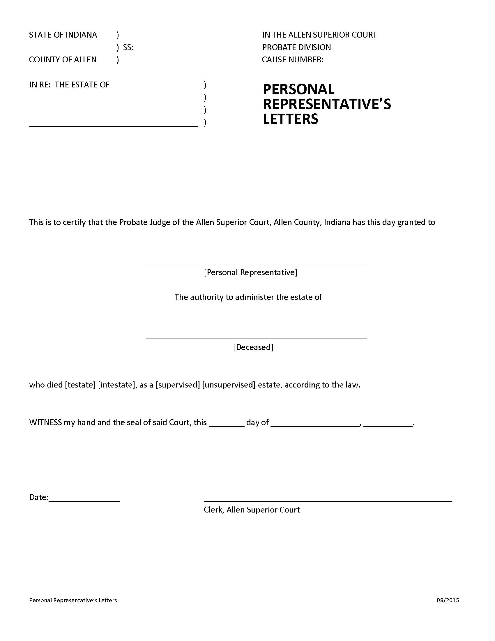Personal Representatives Letters | Pdf Fpdf Docx | Indiana