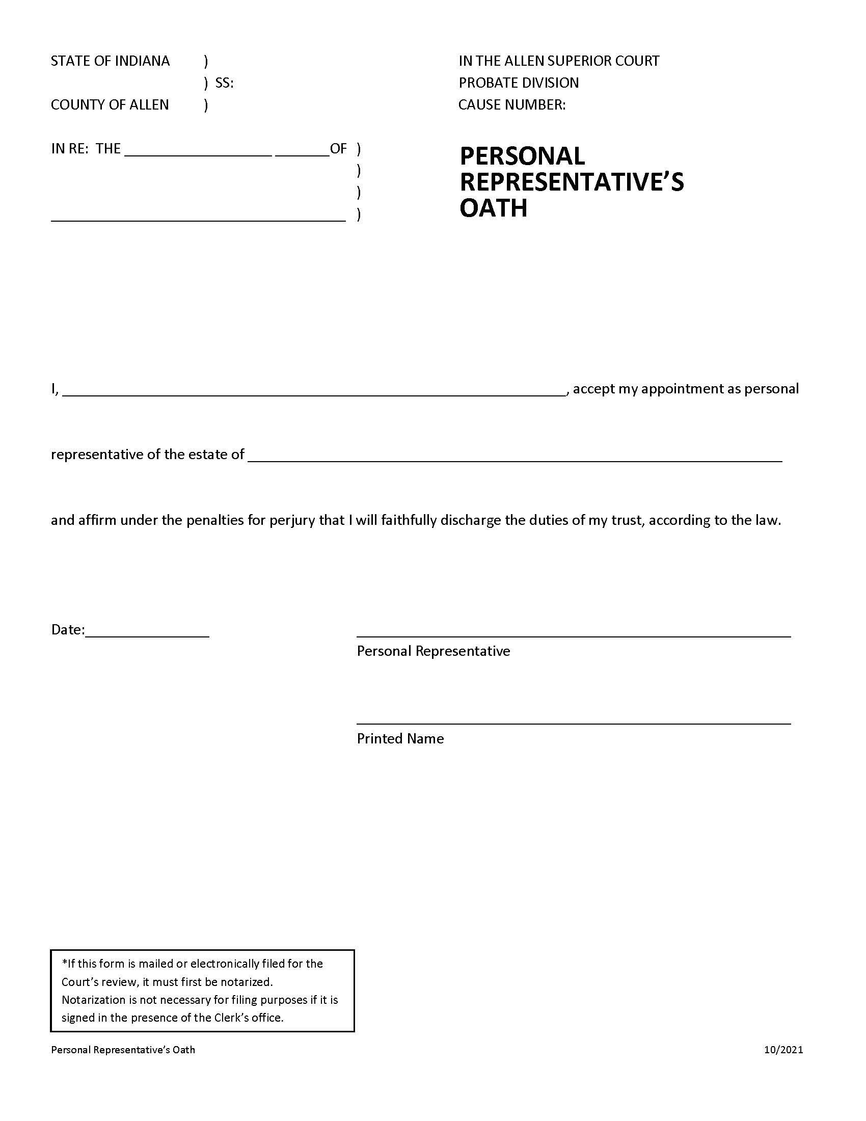 Personal Representatives Oath | Pdf Fpdf Docx | Indiana