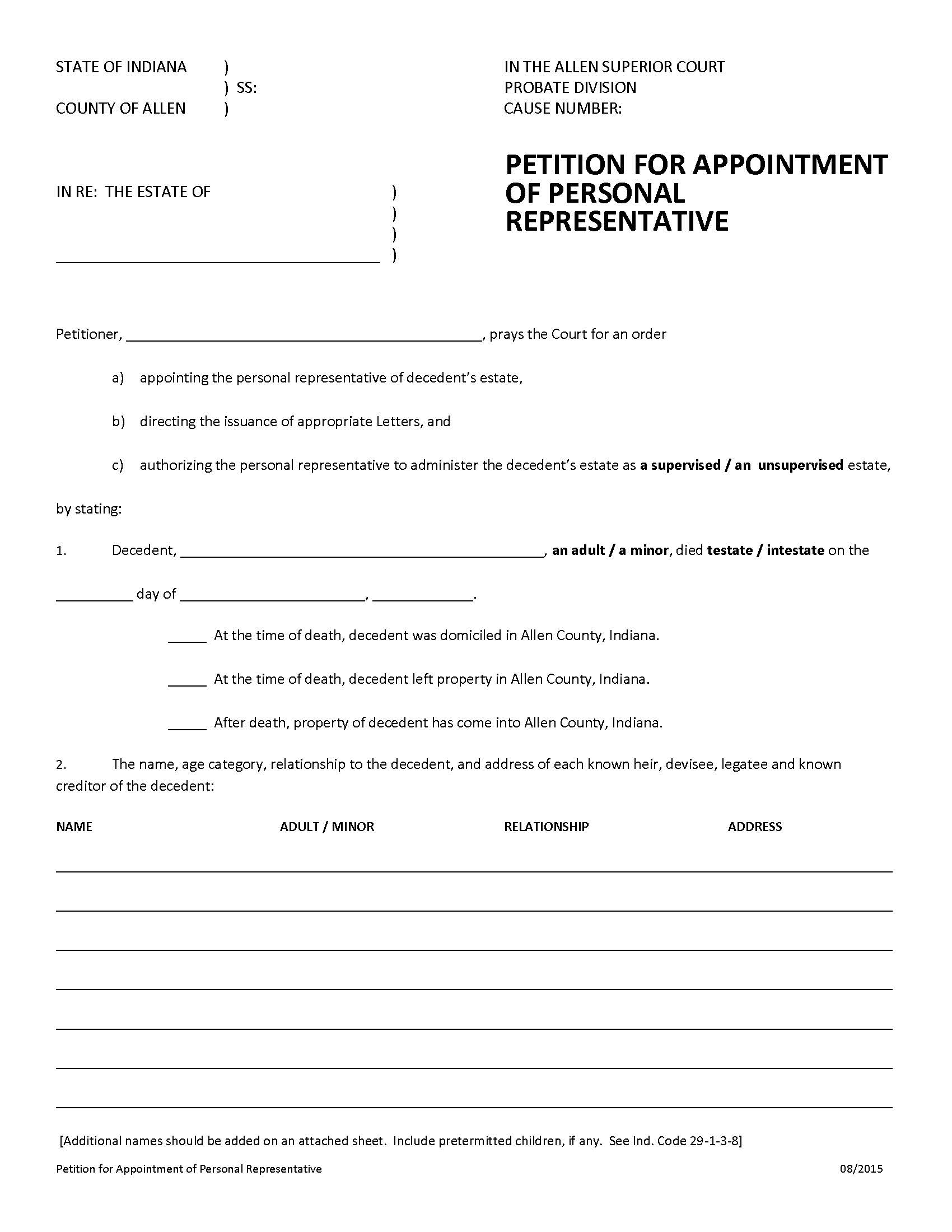 Petition For Appointment Of Personal Representative | Pdf Fpdf Docx | Indiana